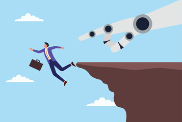 Vector illustration of a giant robotic hand pushing a businessman off a steep cliff, symbolizing the clash between advancing technology and traditional corporate power
