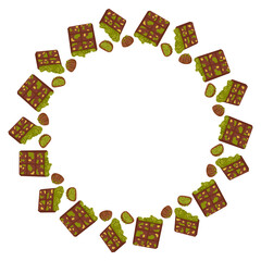 Round frame with chocolate candies and bars filled with pistachio cream. Vector hand drawn Dubai chocolate illustration for dessert packaging, print, isolated on white with copy space