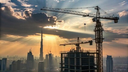 City Construction at Sunrise with Tower Cranes and Skyscrapers Silhouetted Against the Sky

