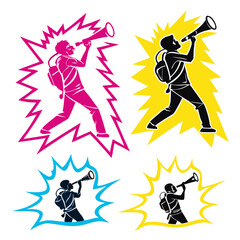 Person with megaphone and abstract burst shapes shouting announcement