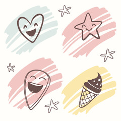 Playful cartoon heart star teardrop and ice cream icons vector