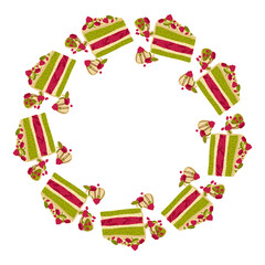 Matcha raspberry cake and white chocolate truffles round dessert frame. Vector hand drawn illustration for packaging design, menu labels and confectionery branding isolated on white with copy space