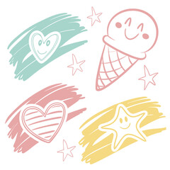 Playful hearts ice cream and stars with pastel brush strokes vector