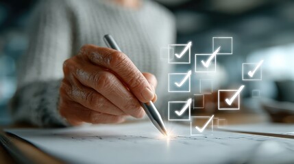 Stylus interacts with floating checklist in augmented workspace, representing futuristic approval process, efficient task validation, and seamless productivity in hybrid offices.