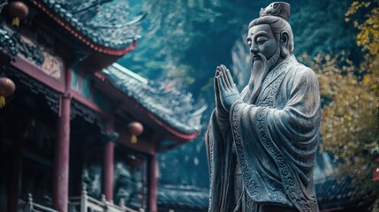 A statue of Confucius in front of a temple, surrounded by trees and a cloudy sky.