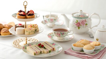 A whimsical tea party setup forming a corner frame with tea cups, desserts, and flowers on white background. AI GENERATED