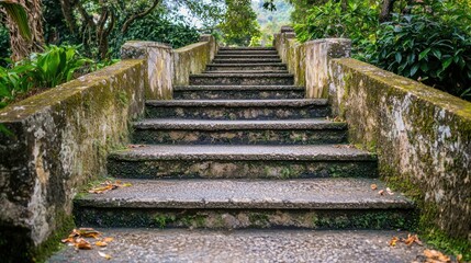 A stone staircase with moss growing on it, leading up to a lush green garden with trees and bushes.