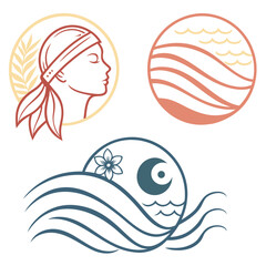 Stylized profile woman with laurel branches and water waves head face