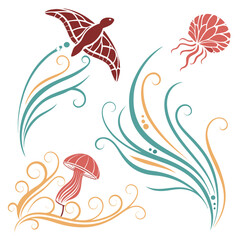 Obraz premium Stylized turtle jellyfish and mushroom with flowing decorative elements vector