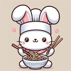 Cute bunny chef cooking ramen noodle with chopstick cartoon vector icon illustration