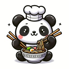 Cute panda chef cooking ramen noodle with chopstick cartoon vector icon illustration