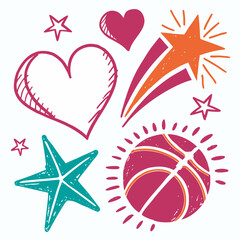 Textured hearts stars and basketball doodles vector