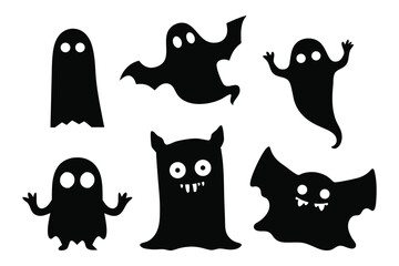 Cute cartoon ghosts and monster silhouettes for Halloween designs and decorations vector illustration