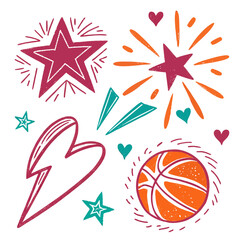 Textured stars hearts and basketball icons graphic