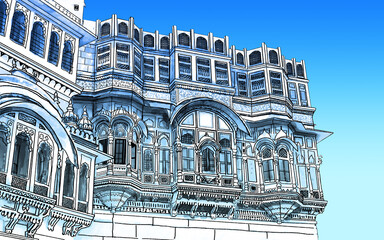 facade sketch, Rajasthan, India. blue City  Jodhpur Artistic sketch. Hand drawn watercolour postcard, poster, book illustration
