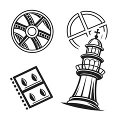 Vintage wheel lighthouse and seed packet icons black and white