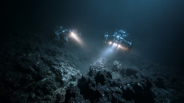Two futuristic underwater drones scan the dark ocean floor with powerful lights. Concept of deep-sea robotics, marine exploration, technology, and environmental research in extreme conditions. - Powered by Adobe