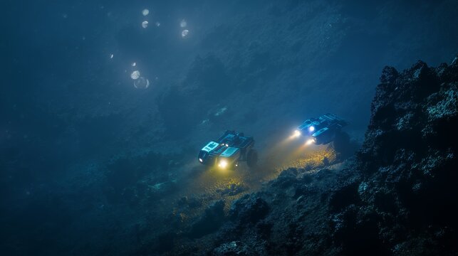 Two robotic underwater vehicles travel along the ocean floor, illuminating the dark terrain with headlights. Concept of marine research, deep-sea exploration