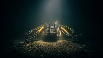 Futuristic robotic underwater mining vehicle excavating deep ocean floor in low light conditions. Concept of seabed mining, marine engineering, and advanced submersible technology.
