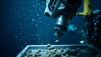 Close-up of robotic arm harvesting polymetallic nodules from seabed in deep ocean. Concept of underwater mining, marine resources extraction, and deep-sea technology development.