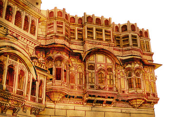 Mehrangarh fort, Rajasthan, India. Suncity  Jodhpur Artistic sketch. Hand drawn watercolour postcard, poster, book illustration