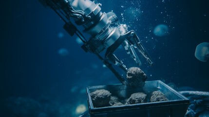 Underwater robotic claw picks up polymetallic nodules from deep-sea floor into container. Futuristic concept of ocean mining, marine robotics, and technological exploration in extreme environments.