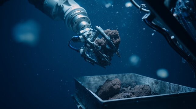 Underwater robotic claw picks up polymetallic nodules from deep-sea floor into container. Futuristic concept of ocean mining, marine robotics, and technological exploration in extreme environments.