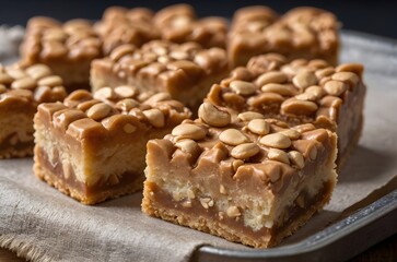 Close-up of chewy peanut caramel squares with crunchy roasted peanuts on top