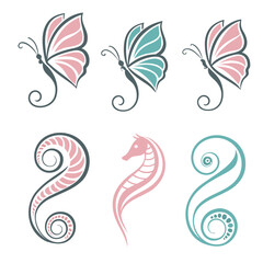 Pink teal butterflies seahorse swirls butterfly curl