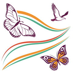 Purple butterfly bird orange green swooshes vector