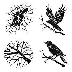 Ravens perched and flying cracked glass crow bird