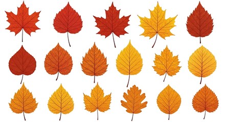 Autumn leaves in vibrant colors isolated on white backdrop for seasonal design projects