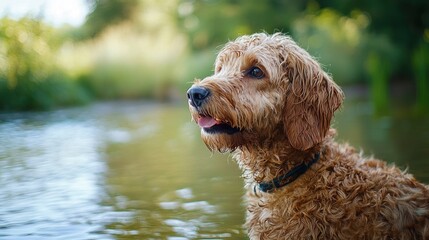 Fototapeta premium A curly-haired, brown dog with a black collar stands by a river, gazing into the distance.