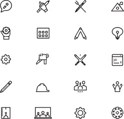 Engineering. Set of outline vector icons. Contains such as Manufacturing, Engineer, Tool, Production, Settings and more