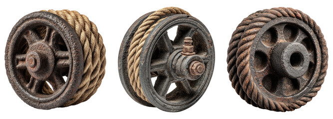Vintage Cast Iron Wheels with Rope Detail on Transparent Background