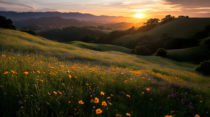 A rolling hillside blanketed in a sea of vibrant and fragrant wildflowers.