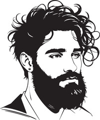 Bearded Man Portrait: A stylish illustration showcases a detailed portrait of a bearded man, with focus on his expressive gaze and striking facial features, epitomizing modern elegance.
