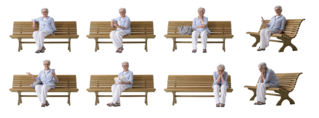 Photo set of an elderly woman sitting on a bench in various poses on a white background.