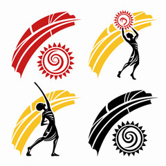 Stylized figures with sun symbols abstract black