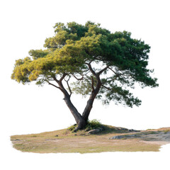 A beautiful tree with lush green foliage standing alone in a serene natural setting, surrounded by grass, showcasing its majestic presence against a clear background.