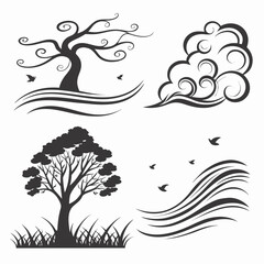 Fototapeta premium Stylized nature elements with birds and clouds vector