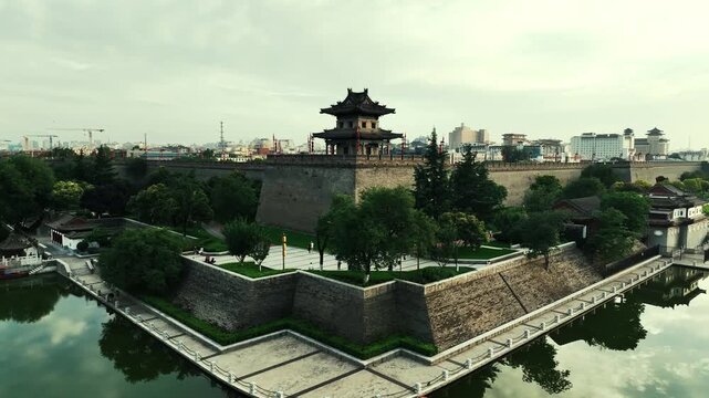 Aerial drone view of Corner Tower on ancient city wall of Xian city in Shanxi, China