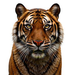 Fototapeta premium Close up shot of a powerful Bengal tiger showcasing its detailed orange fur striking stripes intense amber eyes and bold presence