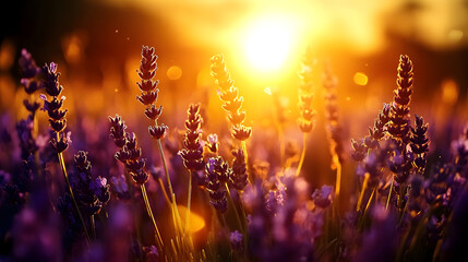 A romantic lavender field bathed in golden sunlight.