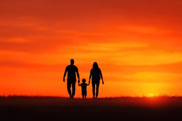 Fototapeta premium Silhouette of a family walking at sunset.