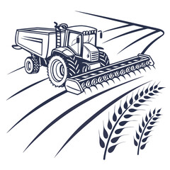 Tractor harvesting wheat in field harvester agriculture