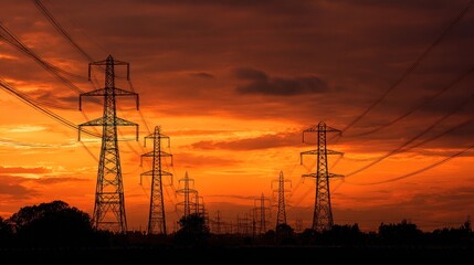 Power lines silhouetted against a fiery sunset
