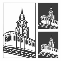 Vintage train and tower illustration subway urban