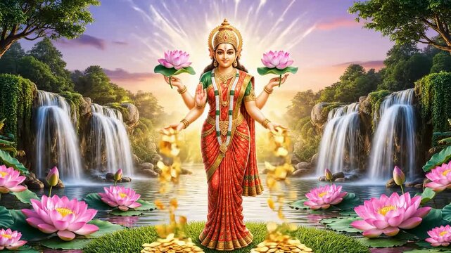 Goddess Lakshmi Standing on Lotus with Waterfalls &ndash; Divine Grace and Prosperity