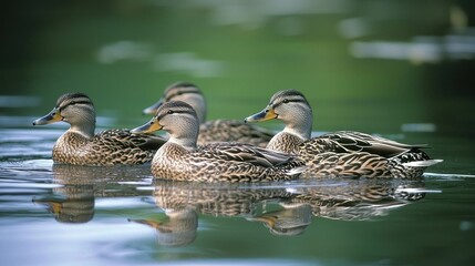 Fototapeta premium Four ducks swimming in a pond, with reflections on the water.